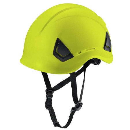 CASCO AMARILLO FLUORESCENTE CON VENTILACION Y BARBOQUEJO